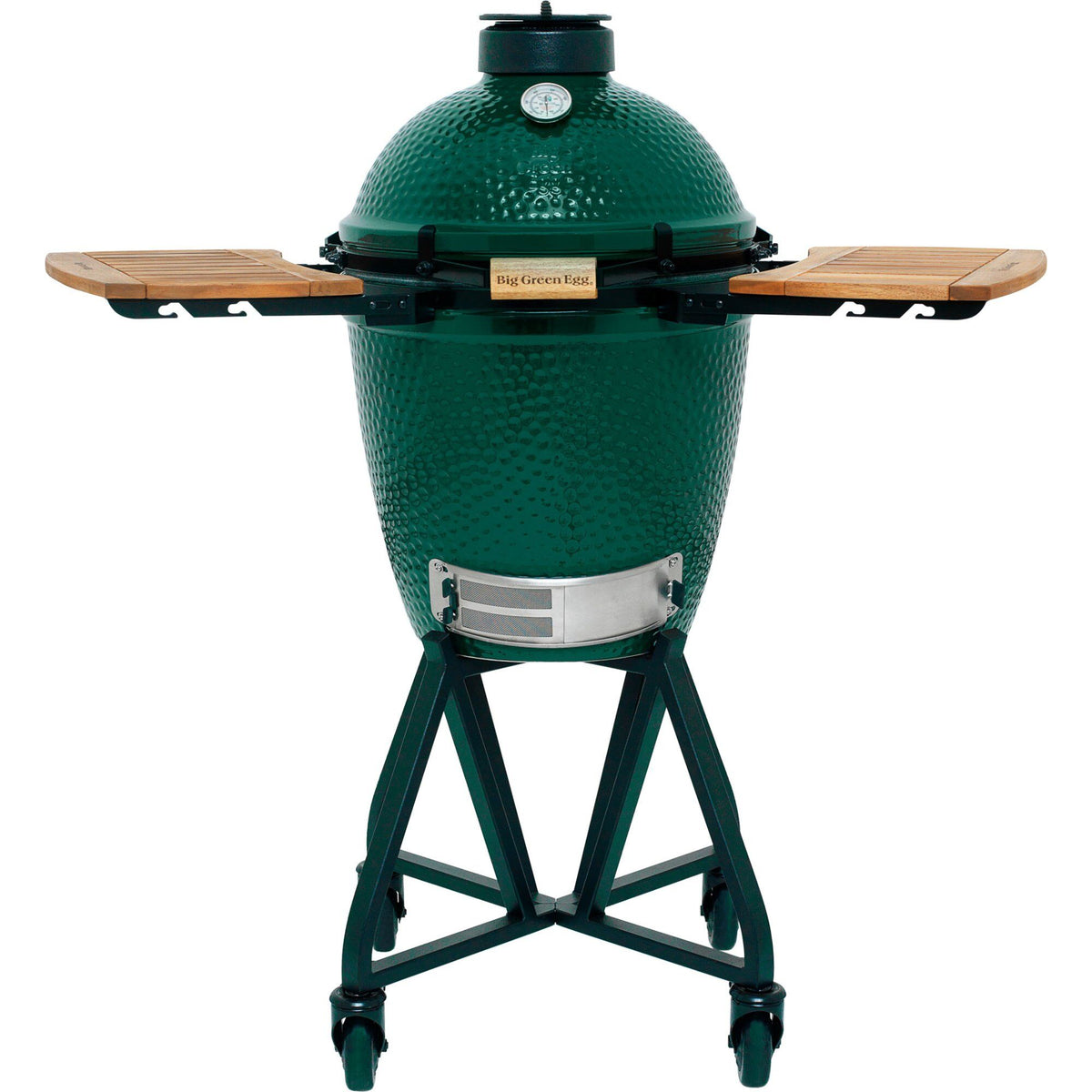 Big Green Egg grøn, æggeformet kulgrill medium på hjulstativ med træhylder