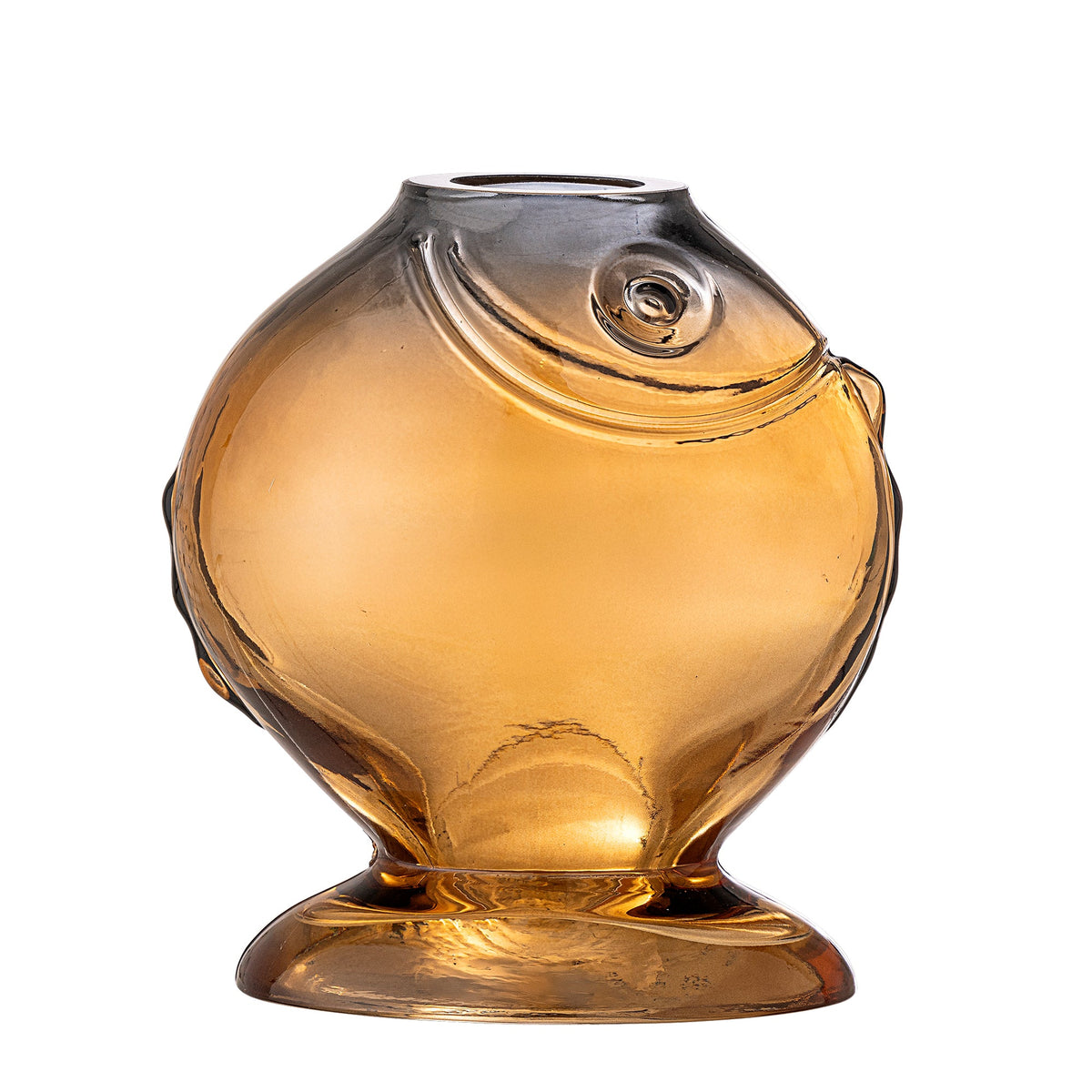 Gul Varga vase i glas formet som en fisk med markeret øje