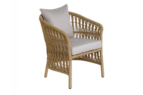 Jasmin havestol med flettet polyrattan i beige naturlook og grå hynder