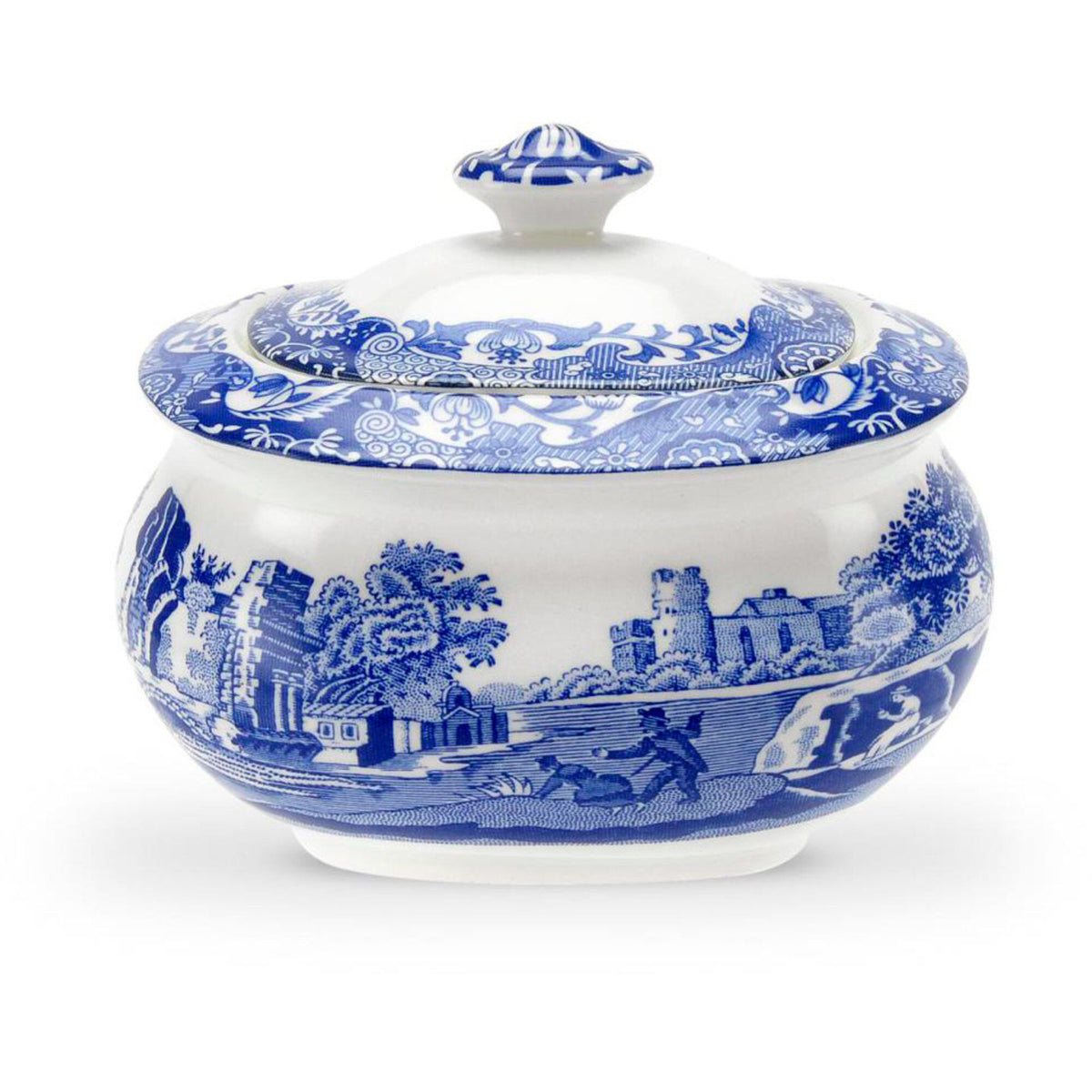 Spode Blue Italian sukkerskål med låg i blå-hvidt porcelæn