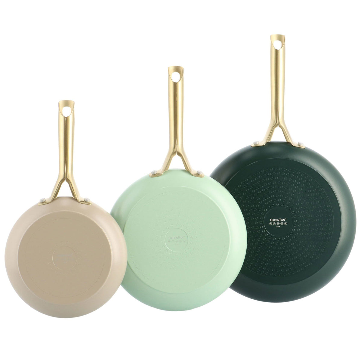 Greenpan Shades stegepandesæt med tre pander i taupe, pastel green og moroccan green