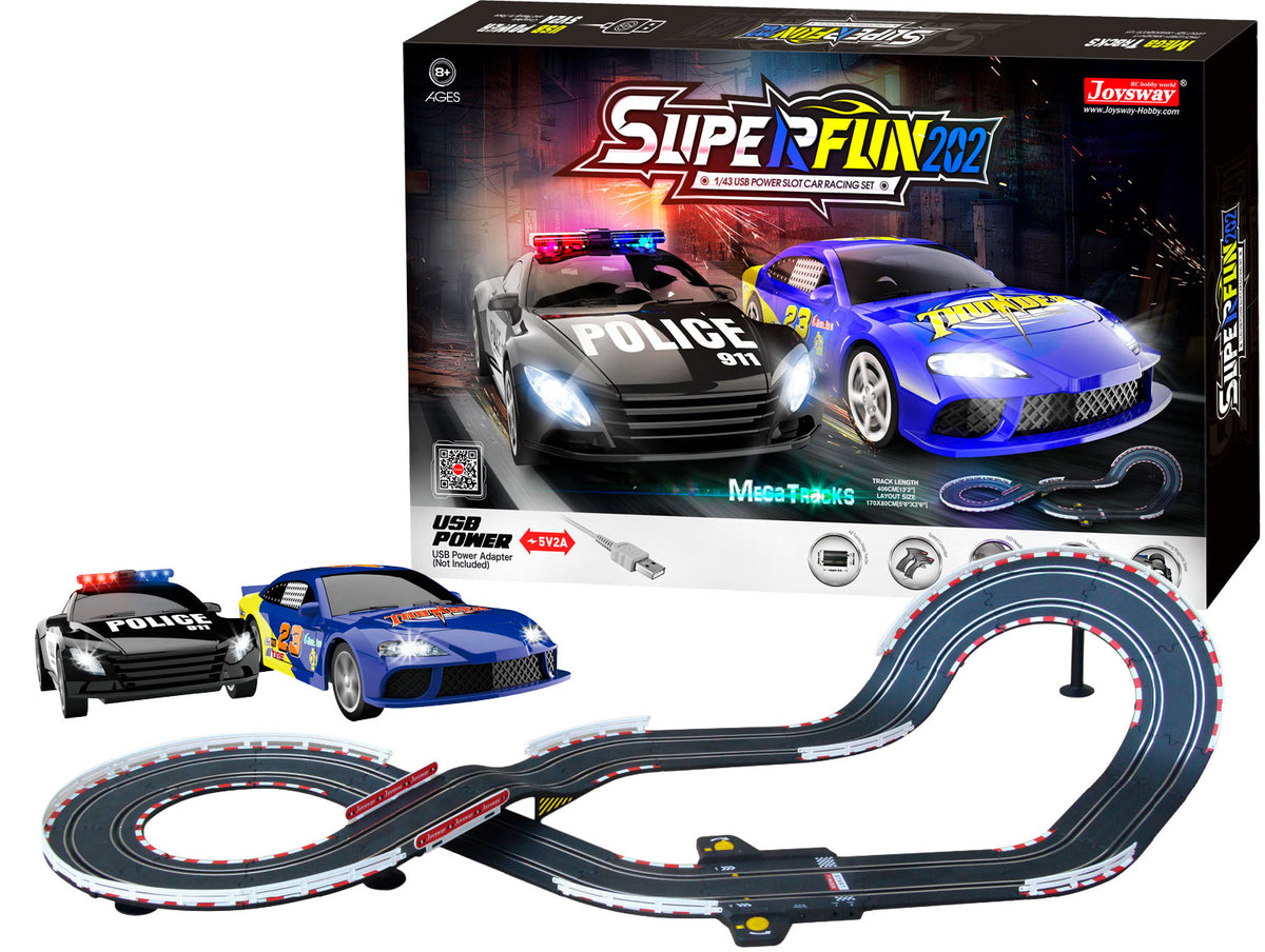 Joysway SuperFun 202 elektrisk racerbanesæt i skala 1:43 med 406 cm bane og to biler