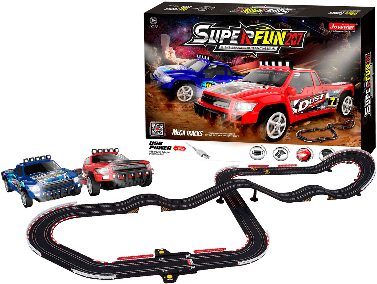 Joysway SuperFun 207 elektrisk racerbane i skala 1:43 med to racerbiler og controllere