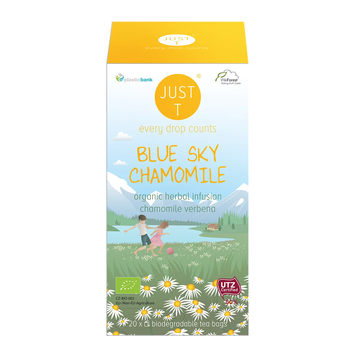 Just T Blue Sky Chamomile urtete i brevform med kamilleblomster og verbena