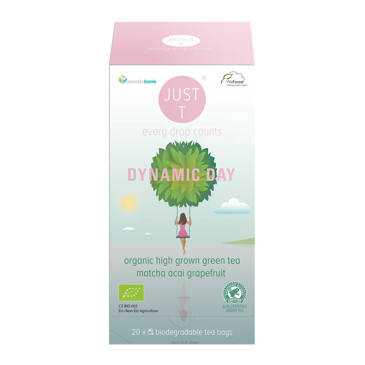 Just T Dynamic Day brev te, aromatiseret grøn te med acai, matcha og grapefrugt