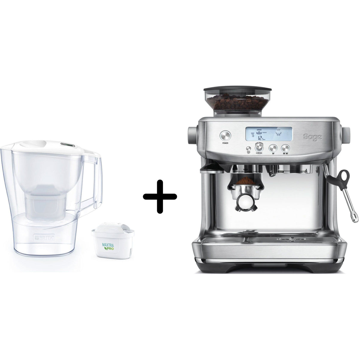 Sage Barista Pro espressomaskine sammen med Brita Aluna filterkande
