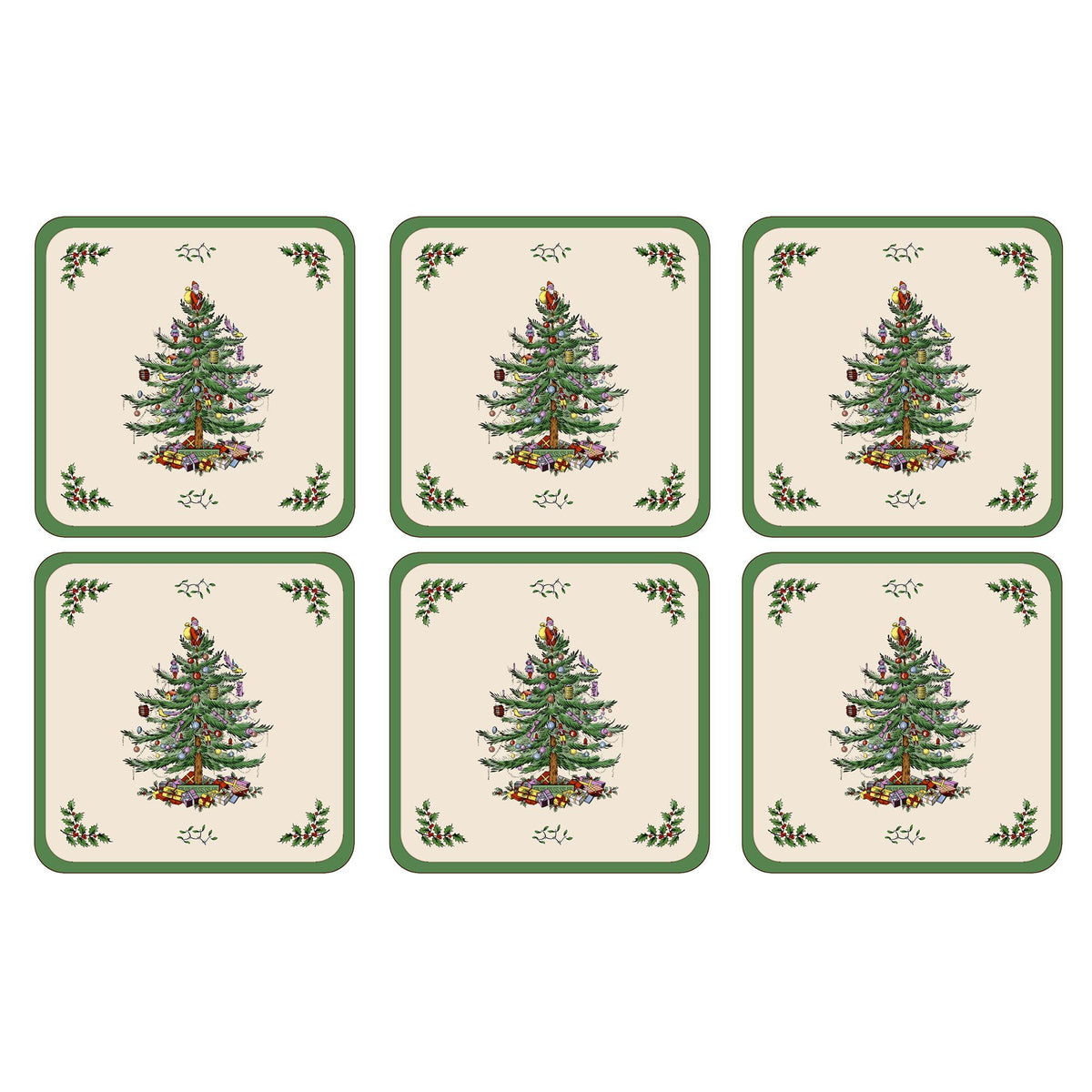 Sæt med seks Spode Christmas Tree glasbrikker med juletræsmotiv