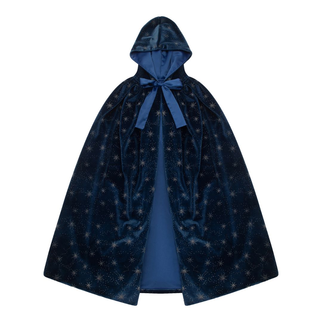 Lang mørkeblå velourkappe med hætte og stjerner fra Mimi & Lula
