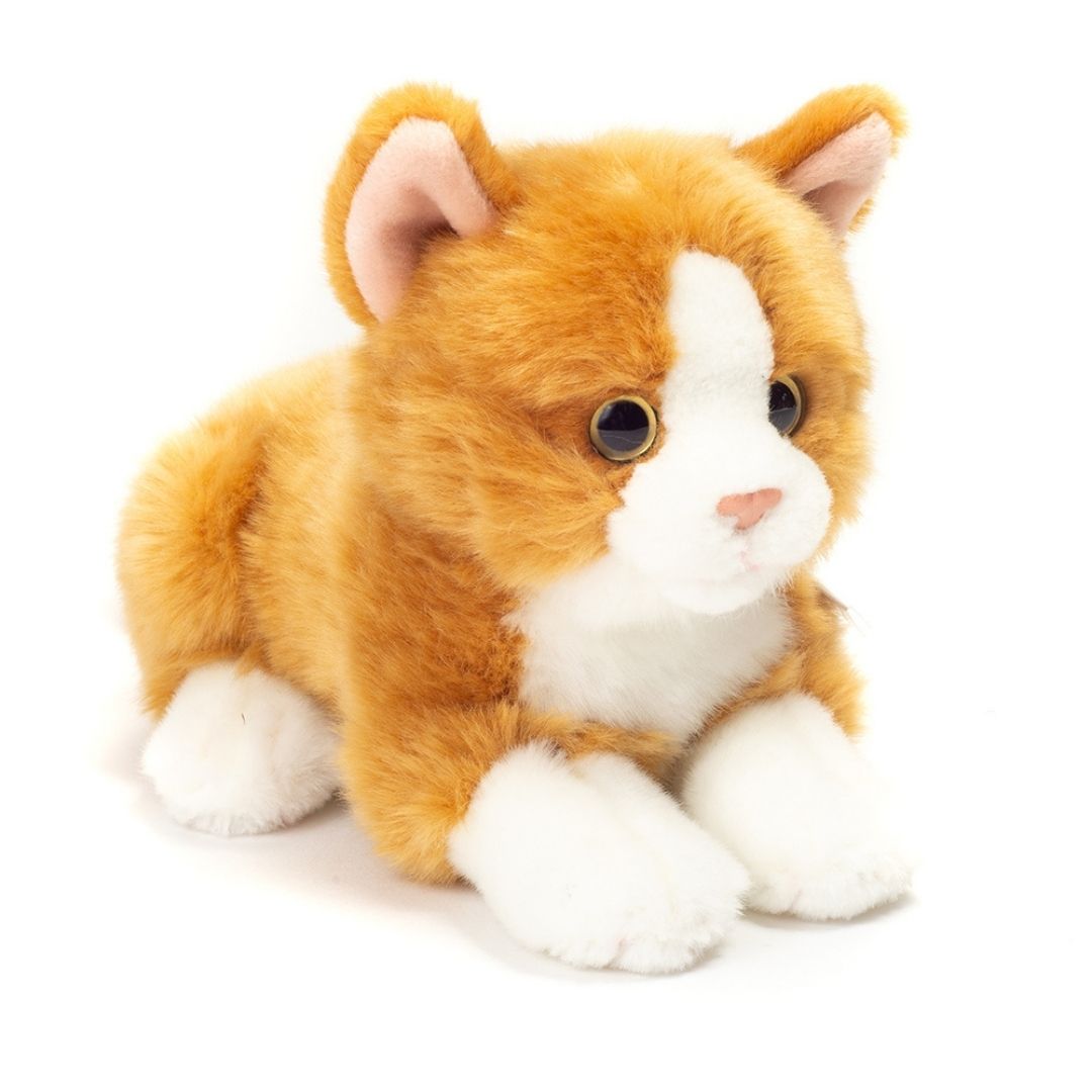 Liggende kattekilling bamse i orange rød og hvid fra Teddy Hermann