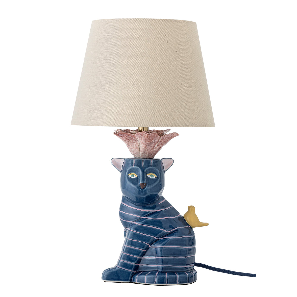 Eri bordlampe fra Bloomingville med multifarvet stentøjsfod og beige hørskærm