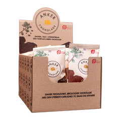 Æske med 40 flowpacks med dadelchokolade fra Anker Chokolade