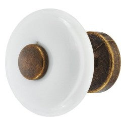 Hvidt porcelænsknopgreb fra Häfele med midte og sokkel i brun antik zinklegering
