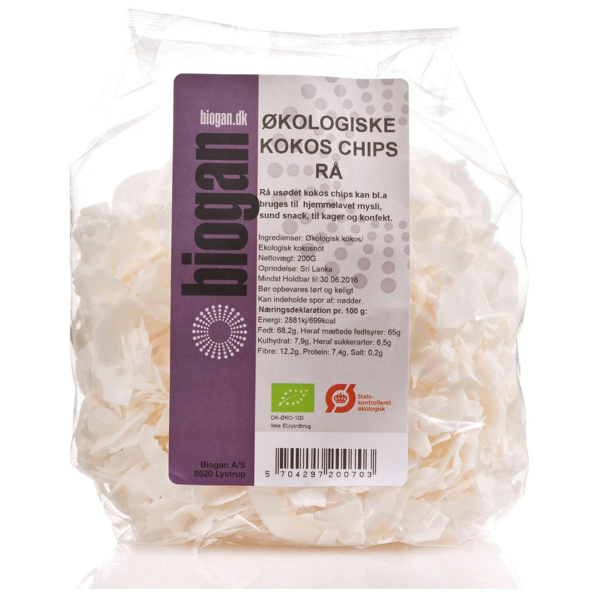 Pose med rå økologiske kokoschips fra Biogan, 200 gram