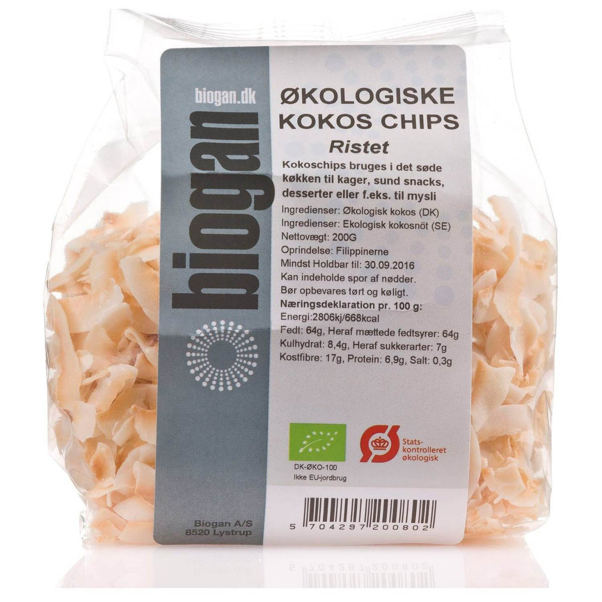 Pose med ristede økologiske kokoschips fra Biogan, 200 gram