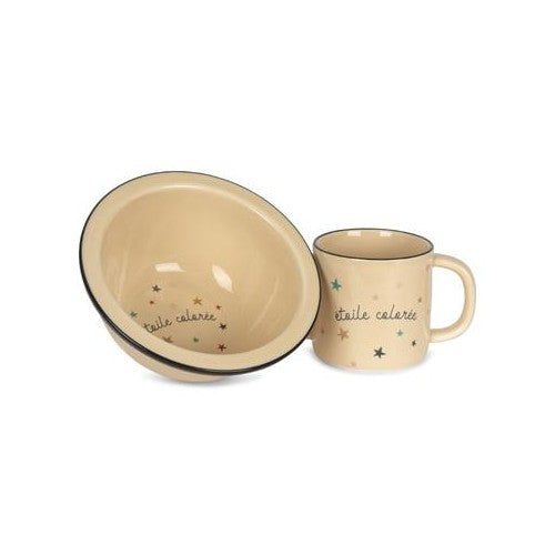 Konges Sløjd porcelænssæt med drikkekop med to hanke og skål, motivet Dansosaurus