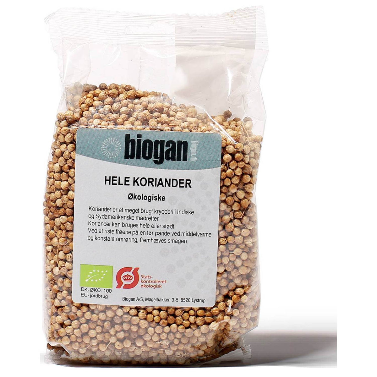 Pakke med 100 gram hele økologiske korianderfrø fra Biogan