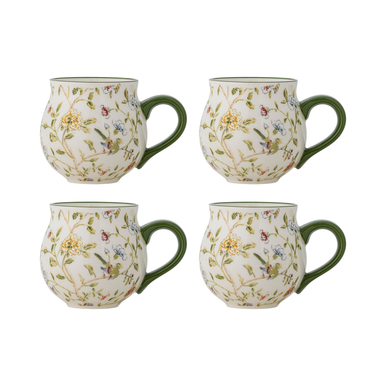 Sæt med fire Bloomie kopper i stentøj med blomster- og fuglemotiv