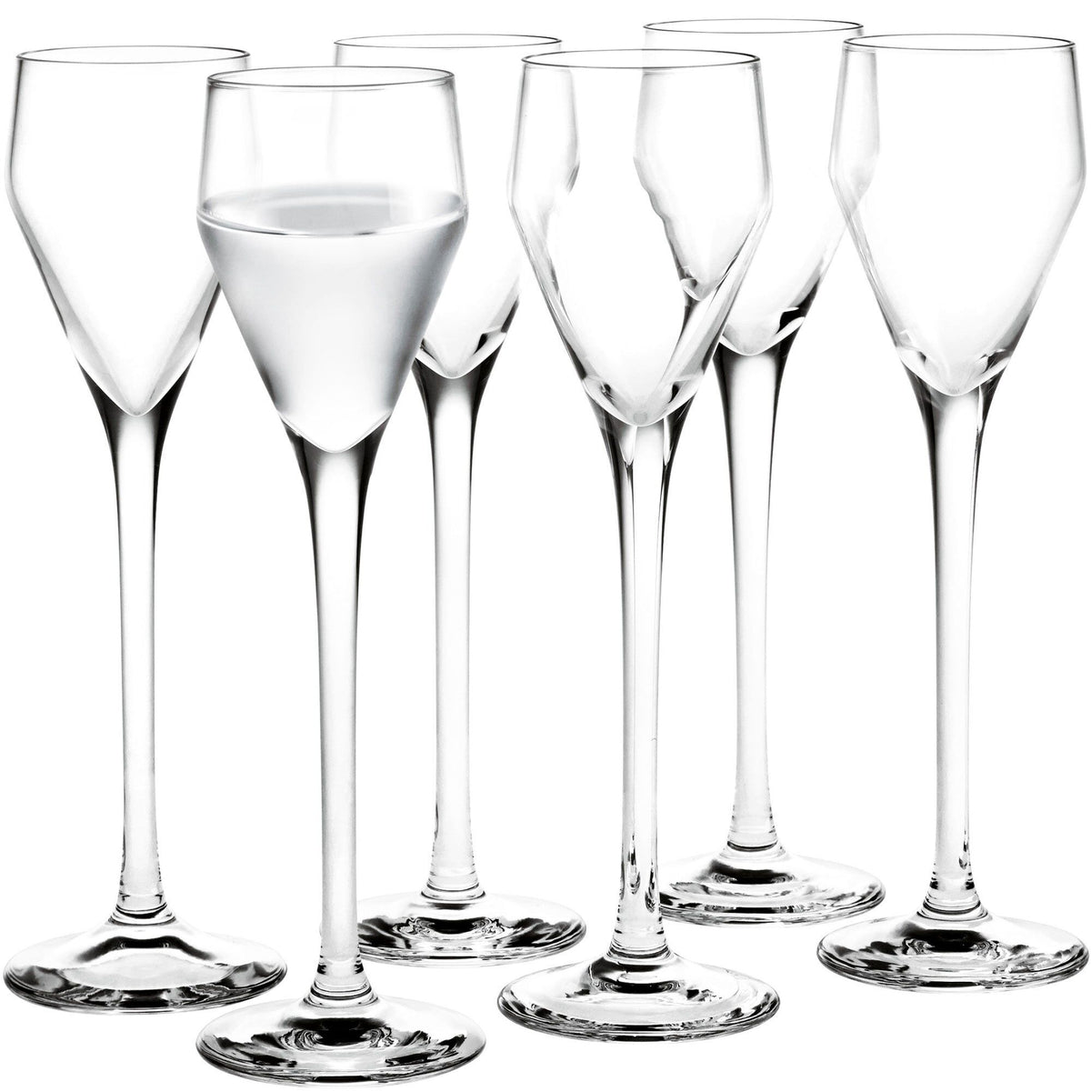 Seks klare Holmegaard Perfection snapseglas med lang stilk