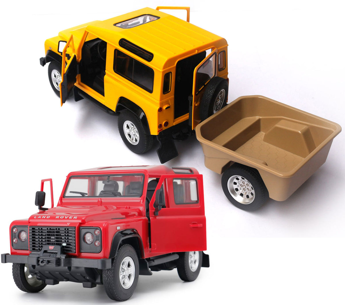 Fjernstyret Land Rover Defender fra Rastar med tilhørende trailer i skala 1:14