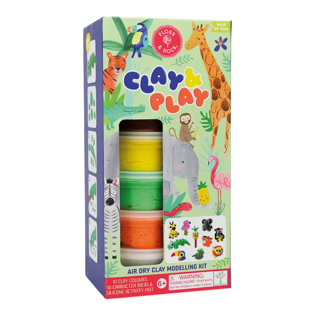Clay & Play Jungle med 6 bøtter selvhærdende ler fra Floss & Rock