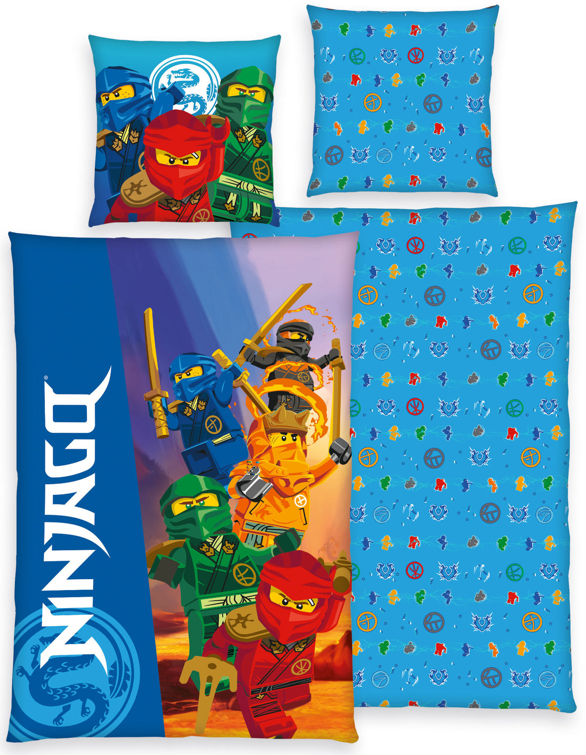 Herding sengetøj med LEGO Ninjago-motiv og ninjaer i blå, grøn, rød og orange