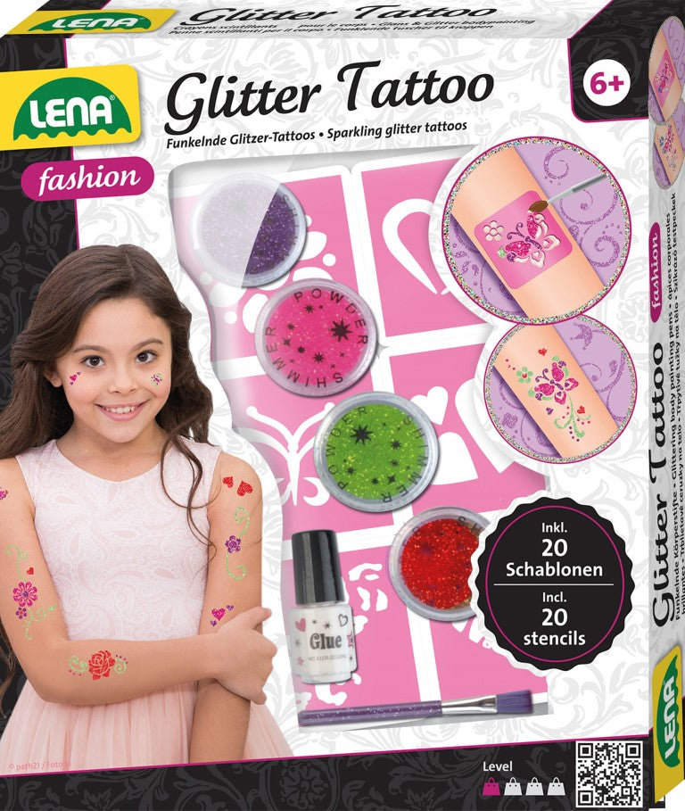 Lena sæt med glittertatoveringer til børn med glitter, latex, børste og stencils