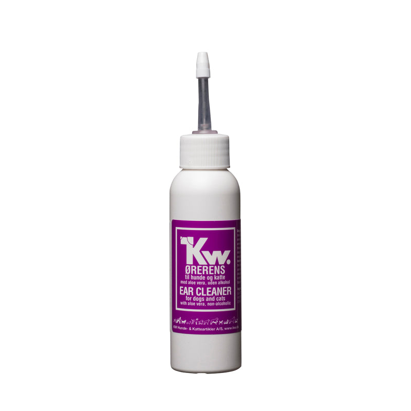 Flaske med 100 ml KW ørerens med aloe vera og pirotone til hunde og katte