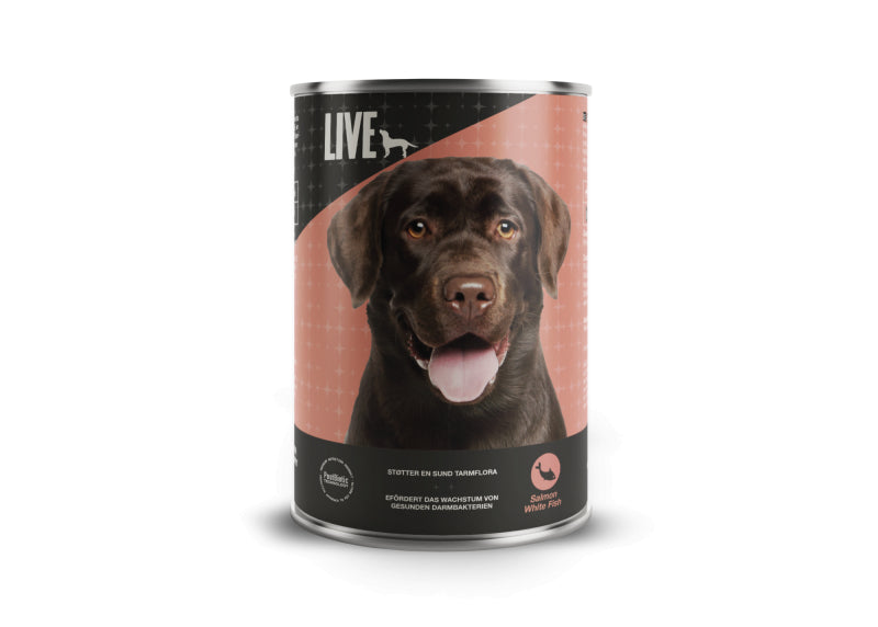 LIVE Dog vådfoder med laks og hvid fisk, 395 gram