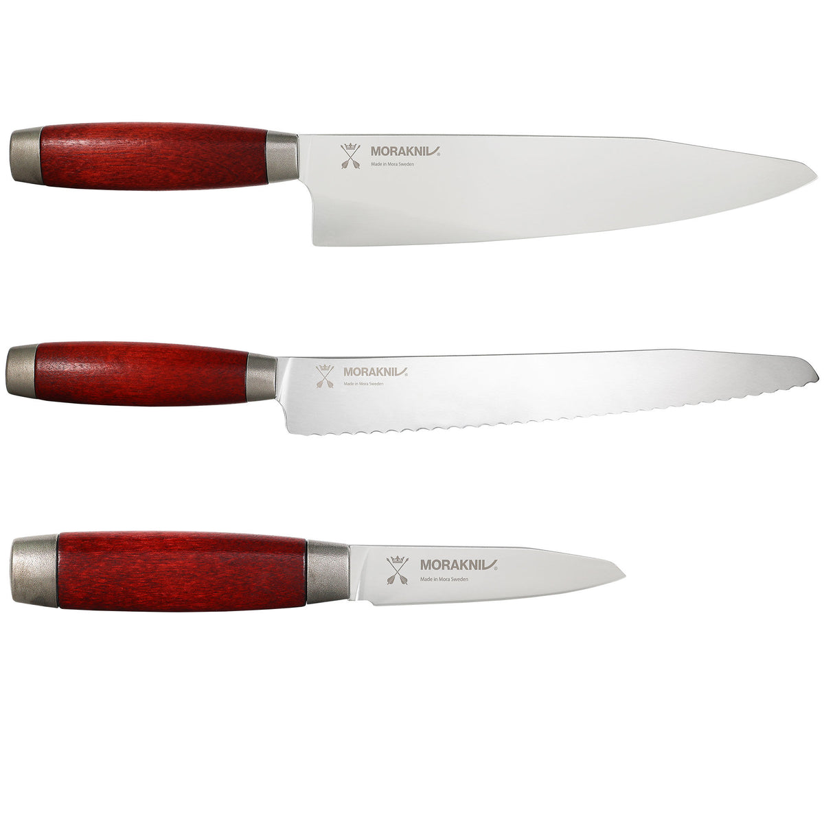 Morakniv Classic 1891 knivsæt med tre køkkenknive og rødbetsede birkehåndtag