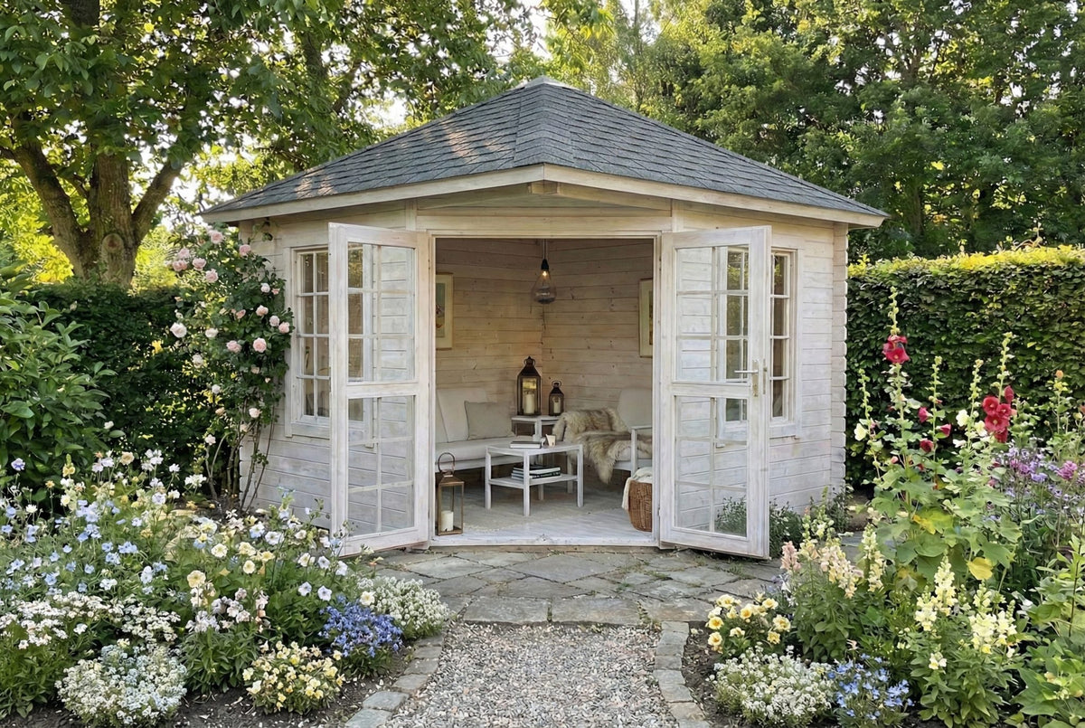 Lotte 1 moderne hjørnepavillon på 7,3 m² fra Sølund Huse med shingles-tag