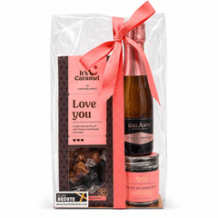 Gaveposen 'Love you' med sløjfe, Karamelleriet, Box The Original og rosé bobler