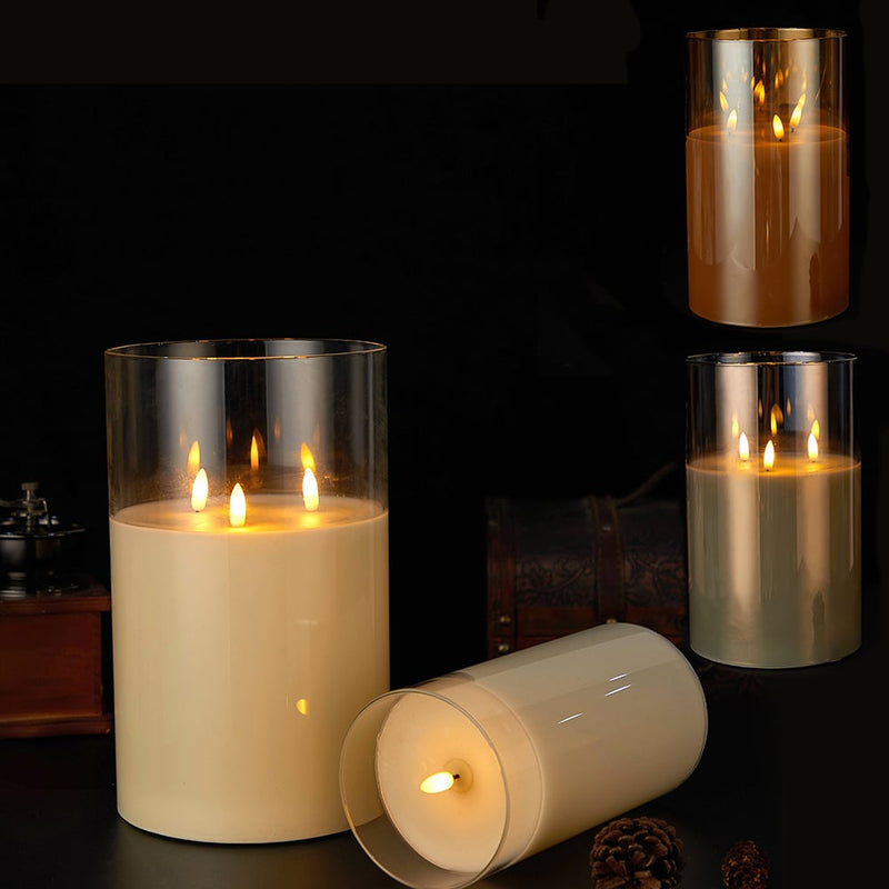 LED Stearinlys med 3 flammer -1 stk.  -  Ø15 x 25 cm - Guld, Grå eller Hvid