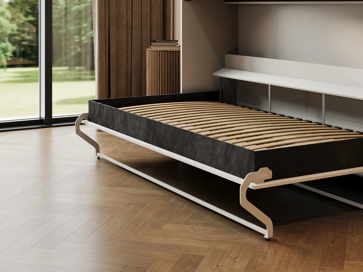 Hvid M2 skabsseng i lav model, 100x200 cm, med hvidt skab og hvid front