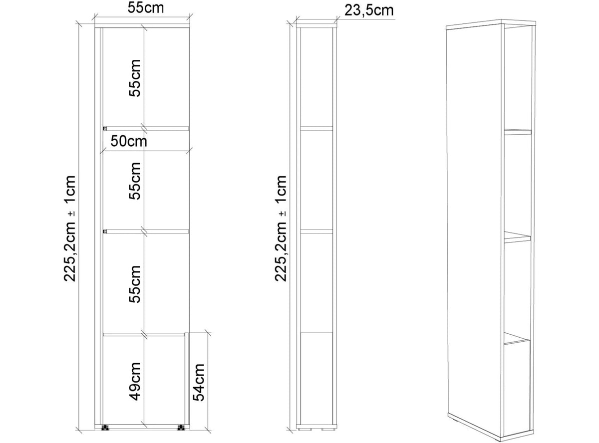 Smal hvid M3 reol med indbygget LED-lys, 23,5 cm bred og 225,2 cm høj