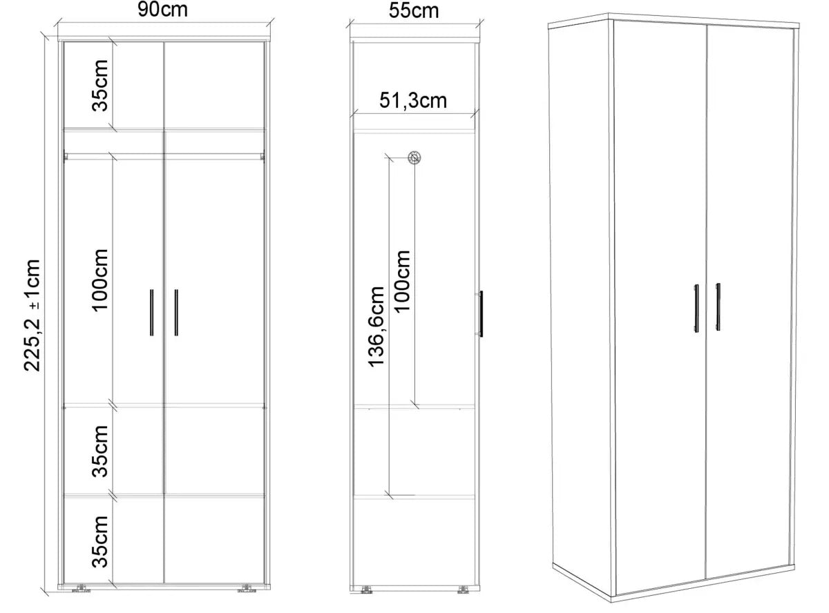 Højt hvidt M3 skab, 90 cm bredt, med hvid front, til M3 skabssenge