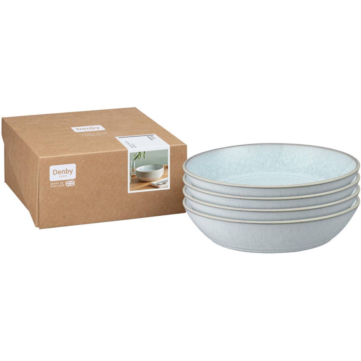 Denby Kiln Green sæt med fire pastaskåle i stentøj med grønlig glasur
