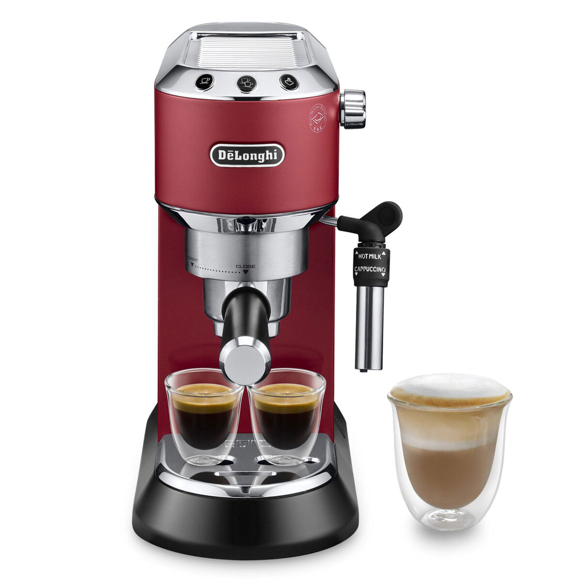 Rød DeLonghi Dedica EC685 espressomaskine, kompakt og semiautomatisk
