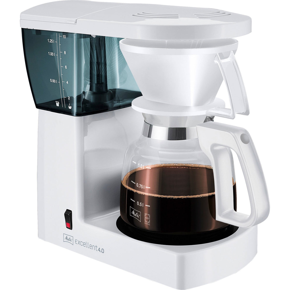 Hvid Melitta Excellent 4.0 kaffemaskine i retrodesign med kande