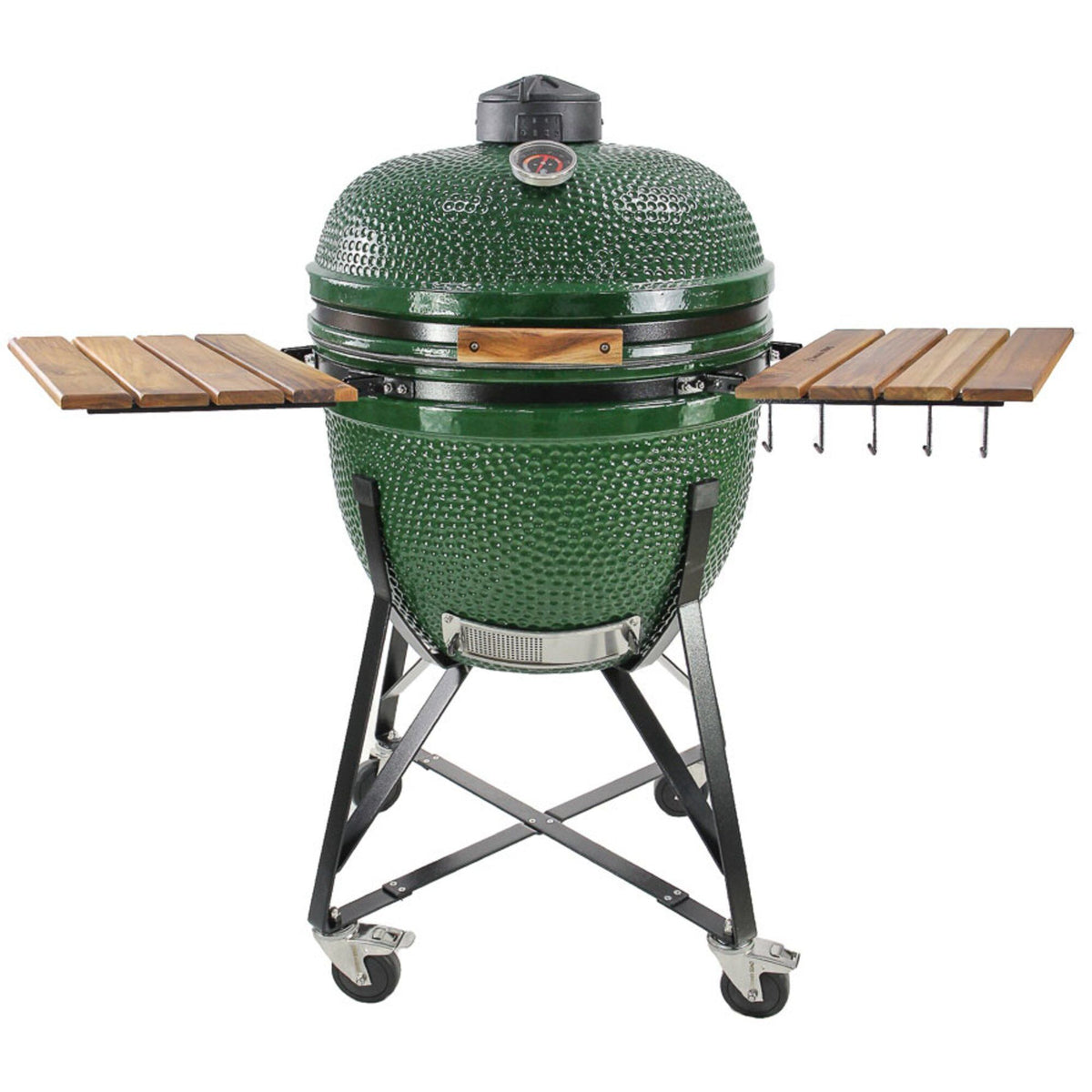 Kamado Sumo Maxi kulgrill i grøn med to sideborde i bambus