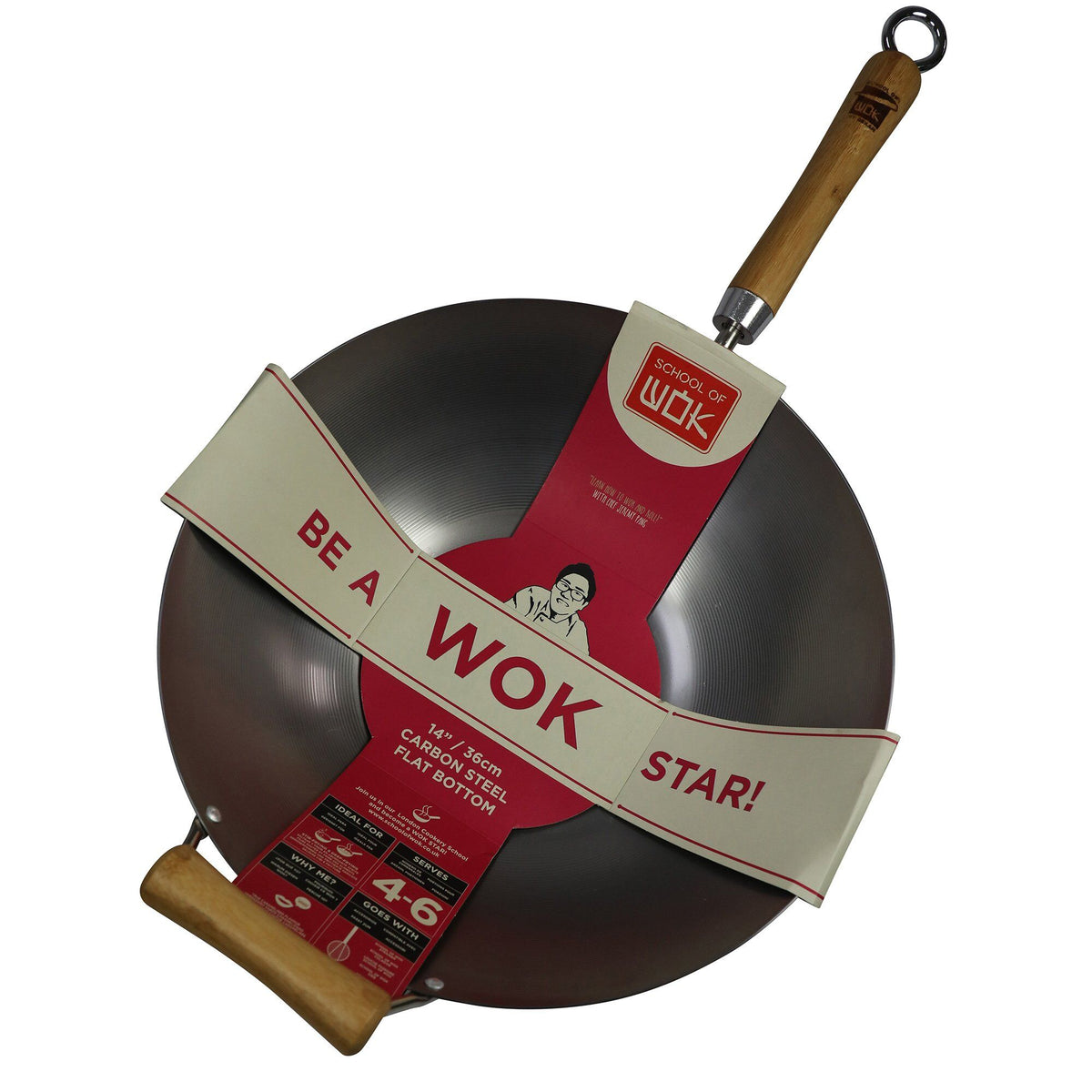 Dexam wokpande i kulstål, 36 cm, med håndtag i bambus og metal