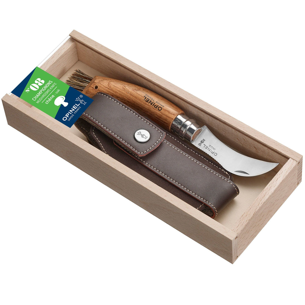 Opinel No. 8 svampekniv med børste på skaftet og tilhørende hylster