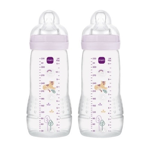 To MAM Easy Start Anti-Colic sutteflasker på 330 ml i naturfarver med tryk