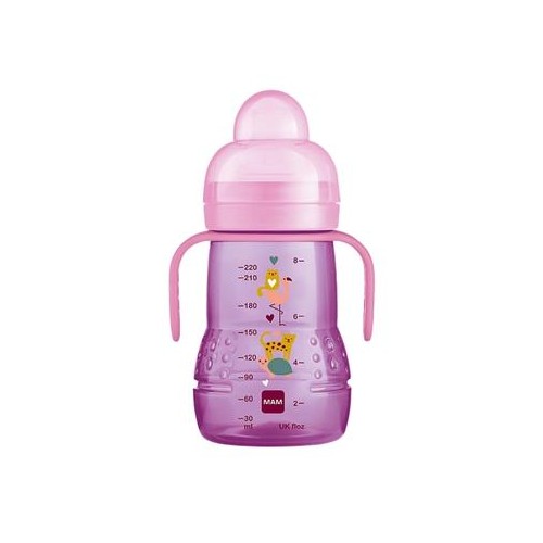 Pink MAM Trainer flaske på 220 ml med tryk på siden til børn