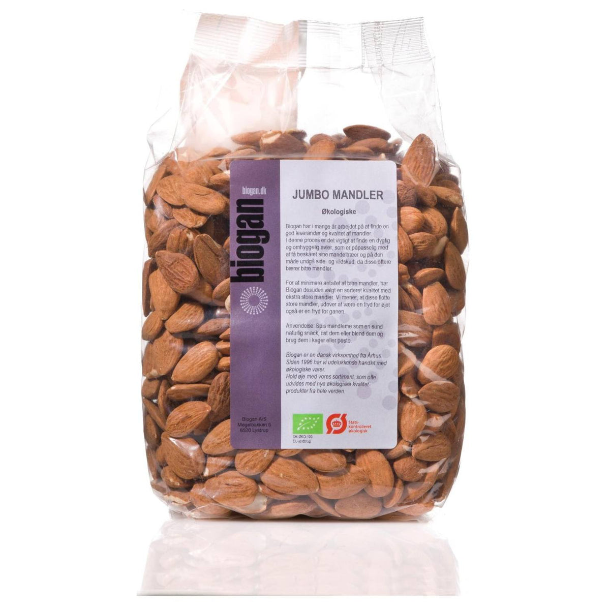Stor pose med økologiske jumbo-mandler fra Biogan, 1 kg