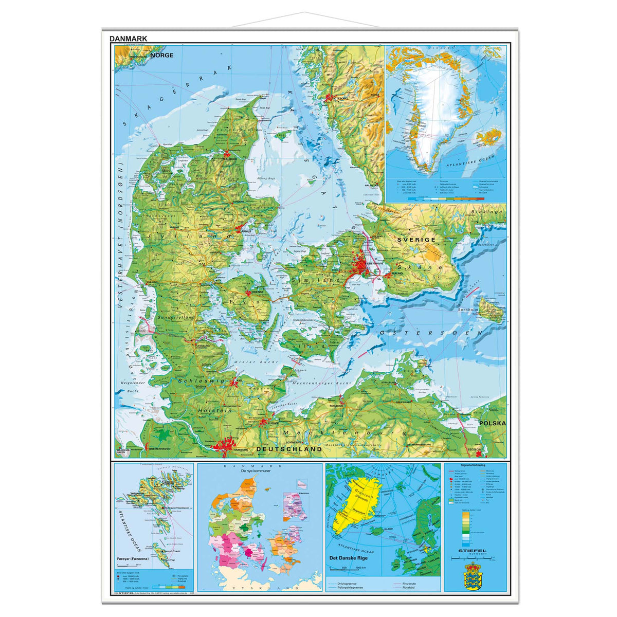 Naga Danmarkskort i 97 x 137 cm med bynavne, kommuner og veje