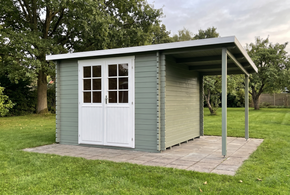Redskabsskur Mary 4 med halvtag, 7,3 m² plus 4 m², fra Sølund Huse