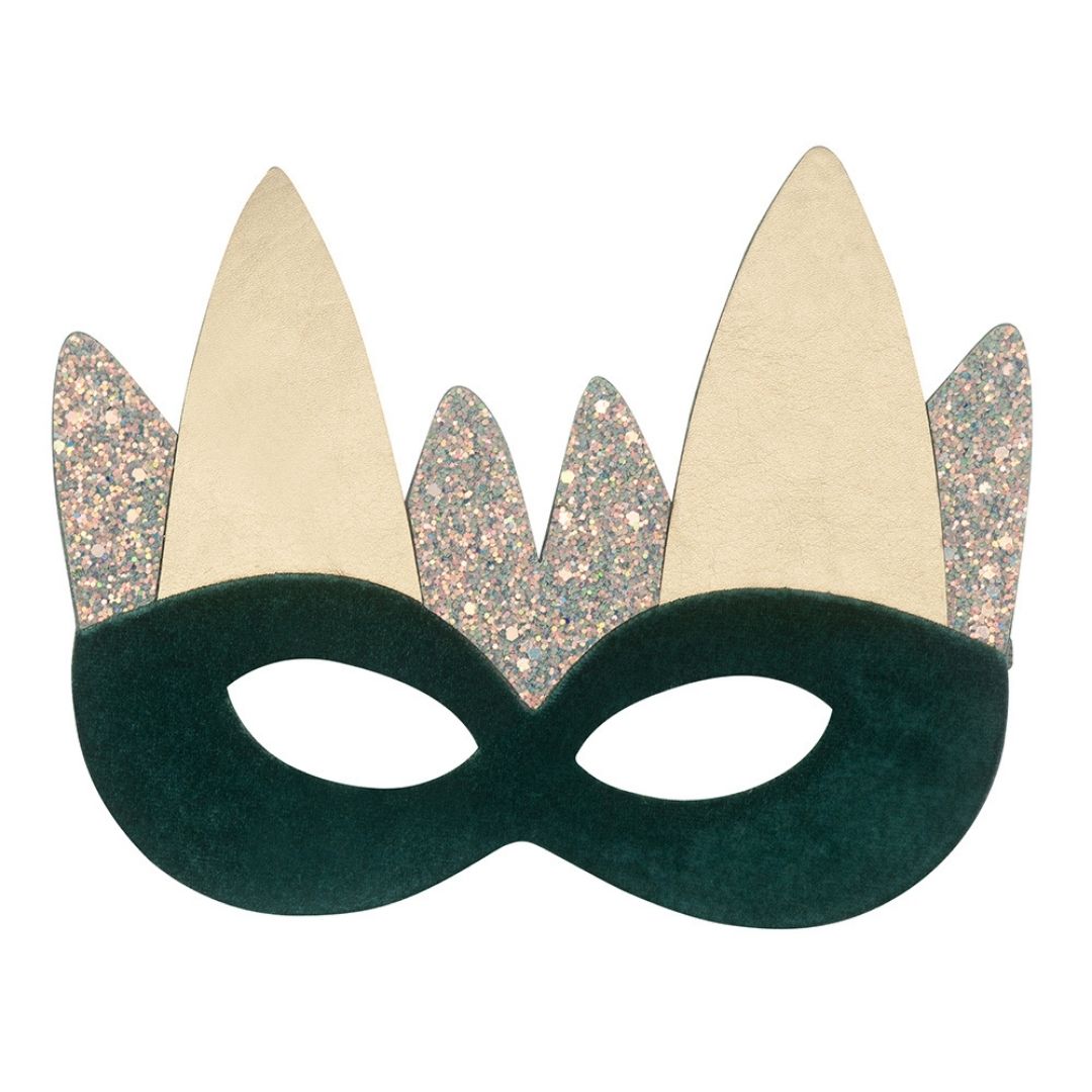 Grøn drage maske i pastel med guld og glimmerdekoration fra Mimi & Lula