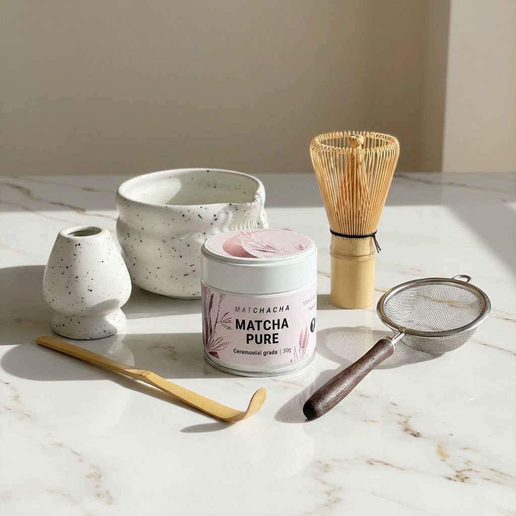 Matchacha matcha sæt med lys keramikskål, matchende holder og matchapulver