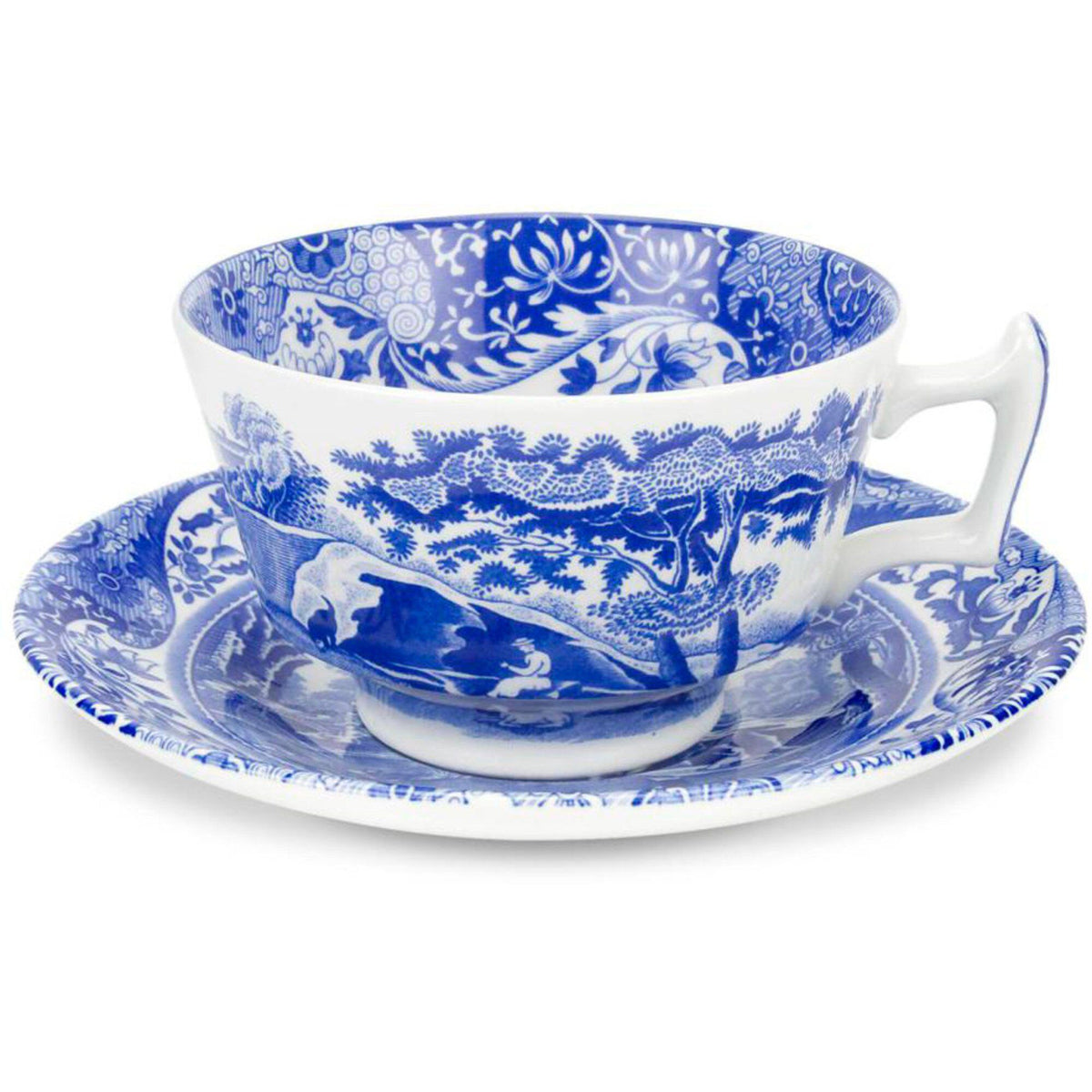Spode Blue Italian tekop med underkop i hvidt og blåt porcelæn