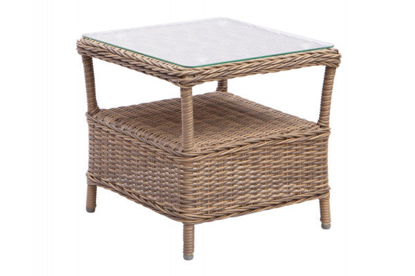 Miriam sidebord i dusty polyrattan-flet med glasplade, 48 x 48 cm